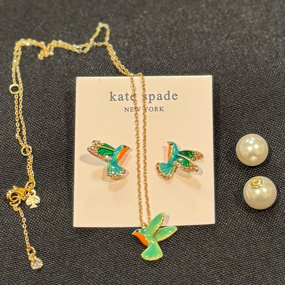 Kate Spade Hummingbird Necklace/Earring Set Green Gold w/Bonus Pearl Backs NWOT